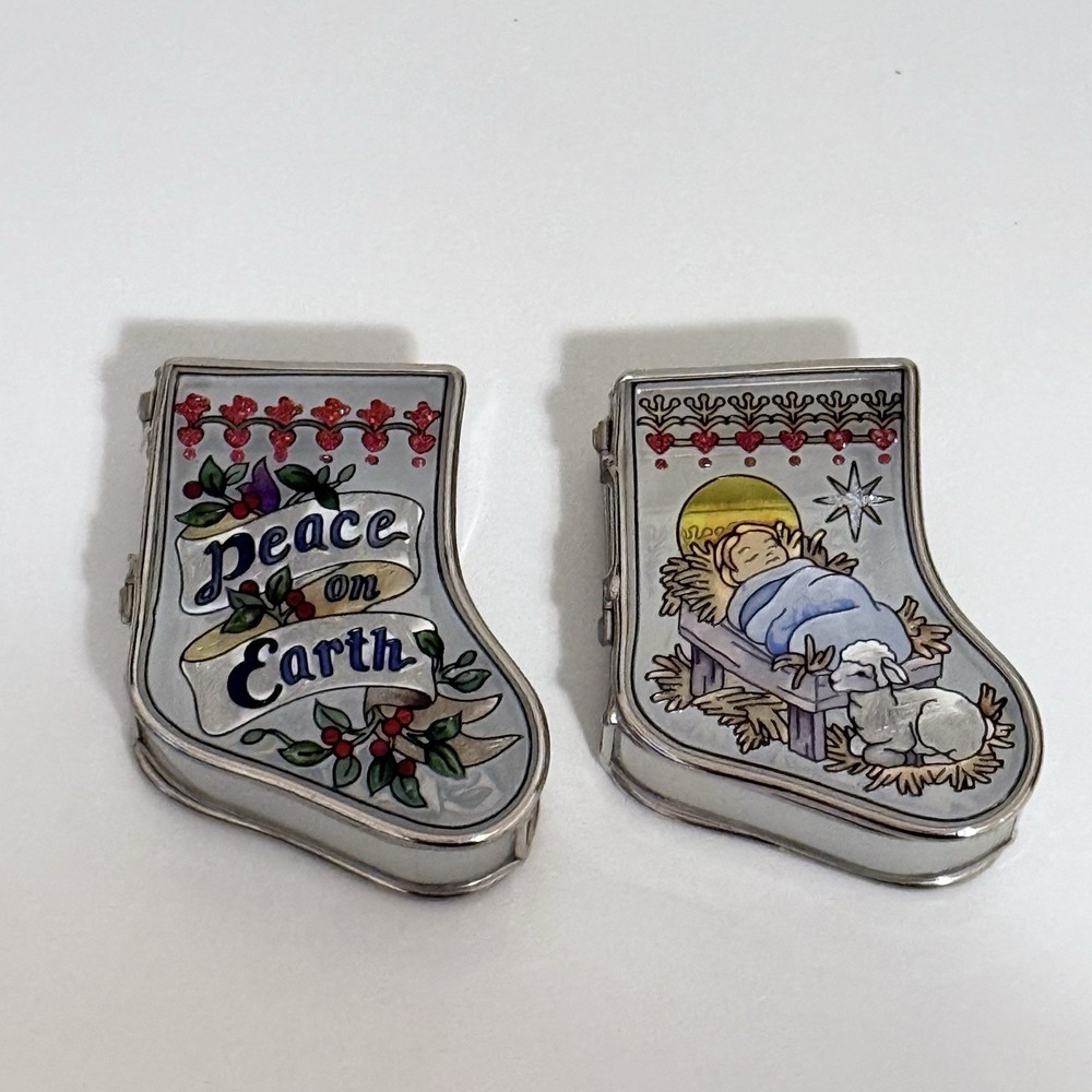 Amia Hand Painted Stained Glass Trinket Boxes Peace on Earth Baby Jesus Lot of 2